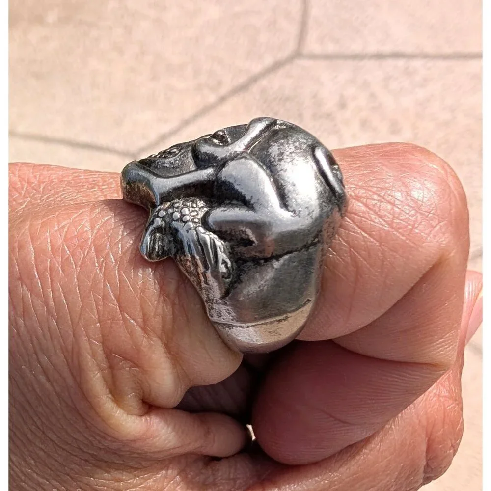 Vintage Silver Skull Ring Abstract Biker Style size 8 Gothic Chunky Adjustable